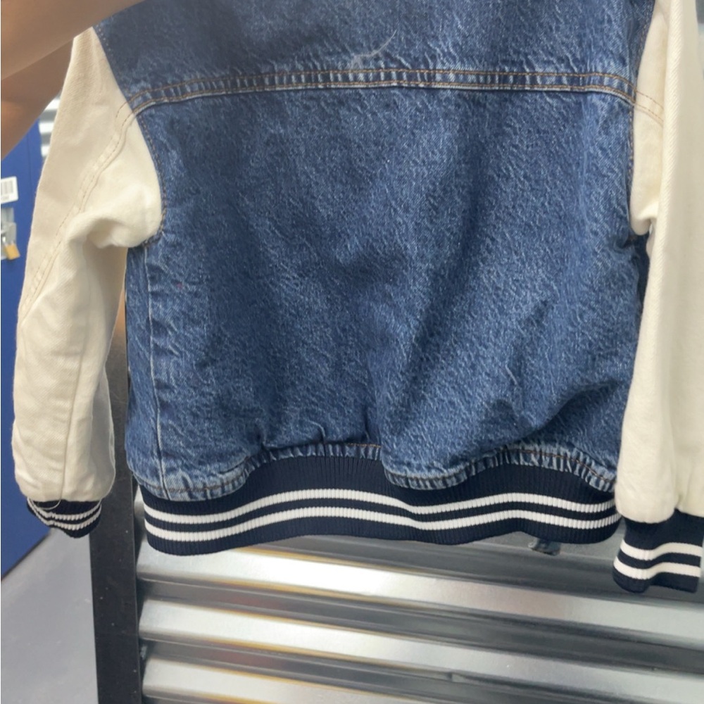 Zara Denim Varsity Jacket with White Sleeves - Picture 2 of 2